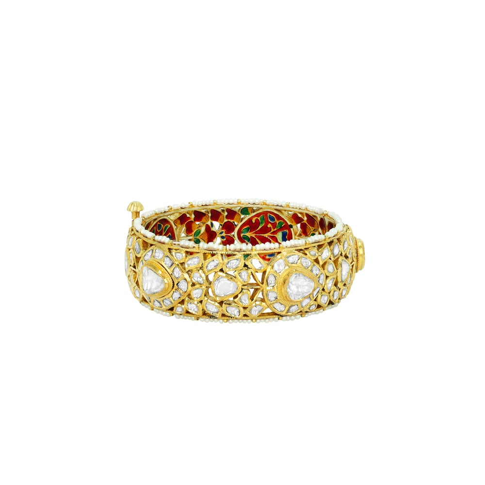 Lattice Polki Bangle with Red-Green Enamel and Pearls